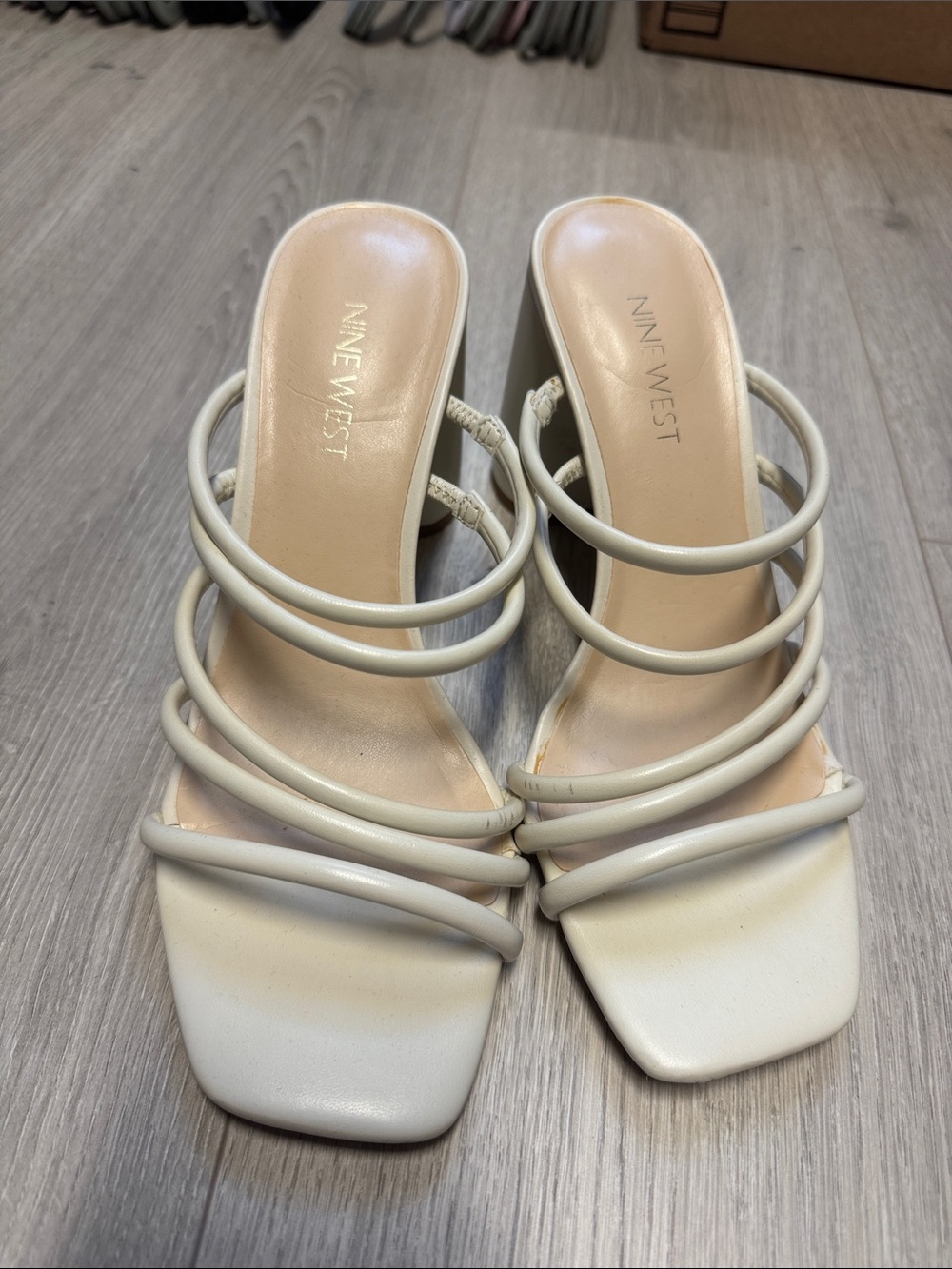 Nine West Cream Multi-Strap Square-Toe Heeled Mules